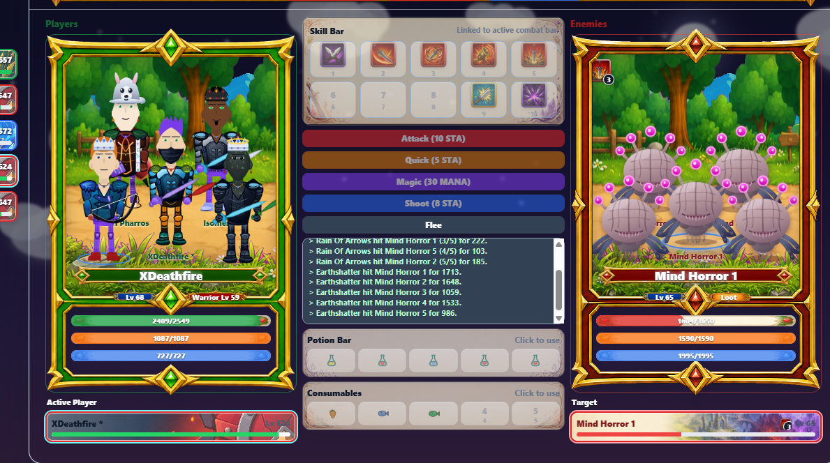 A full party battling together in Upgradia